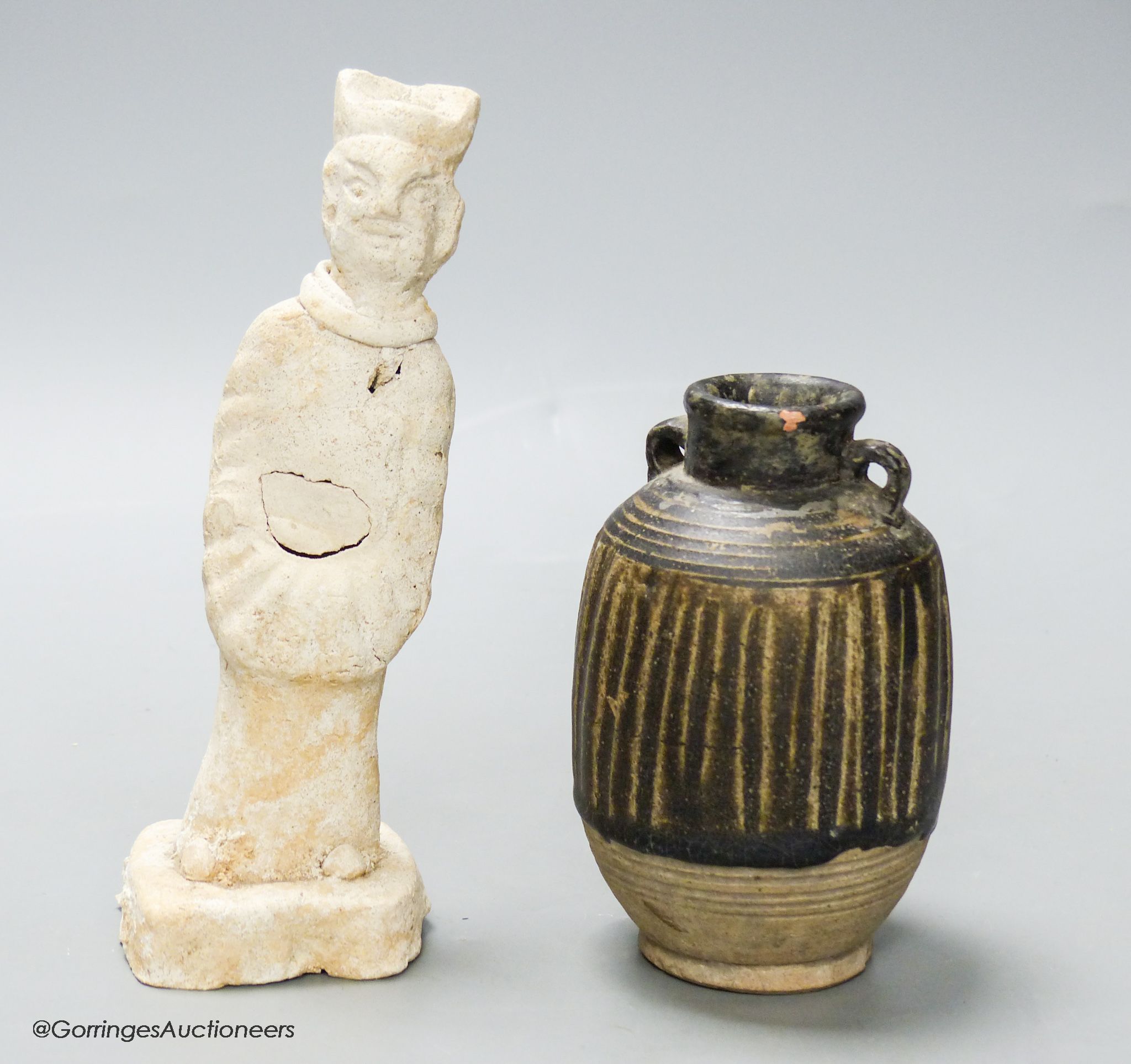 A Thai Sawankhalok jarlet and a Tang pottery figure, height 18cm